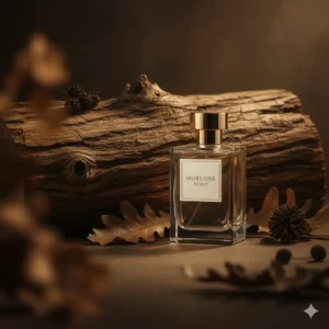 Eikenhout textuur naast luxe parfumflacon met warme houtige geurtonen