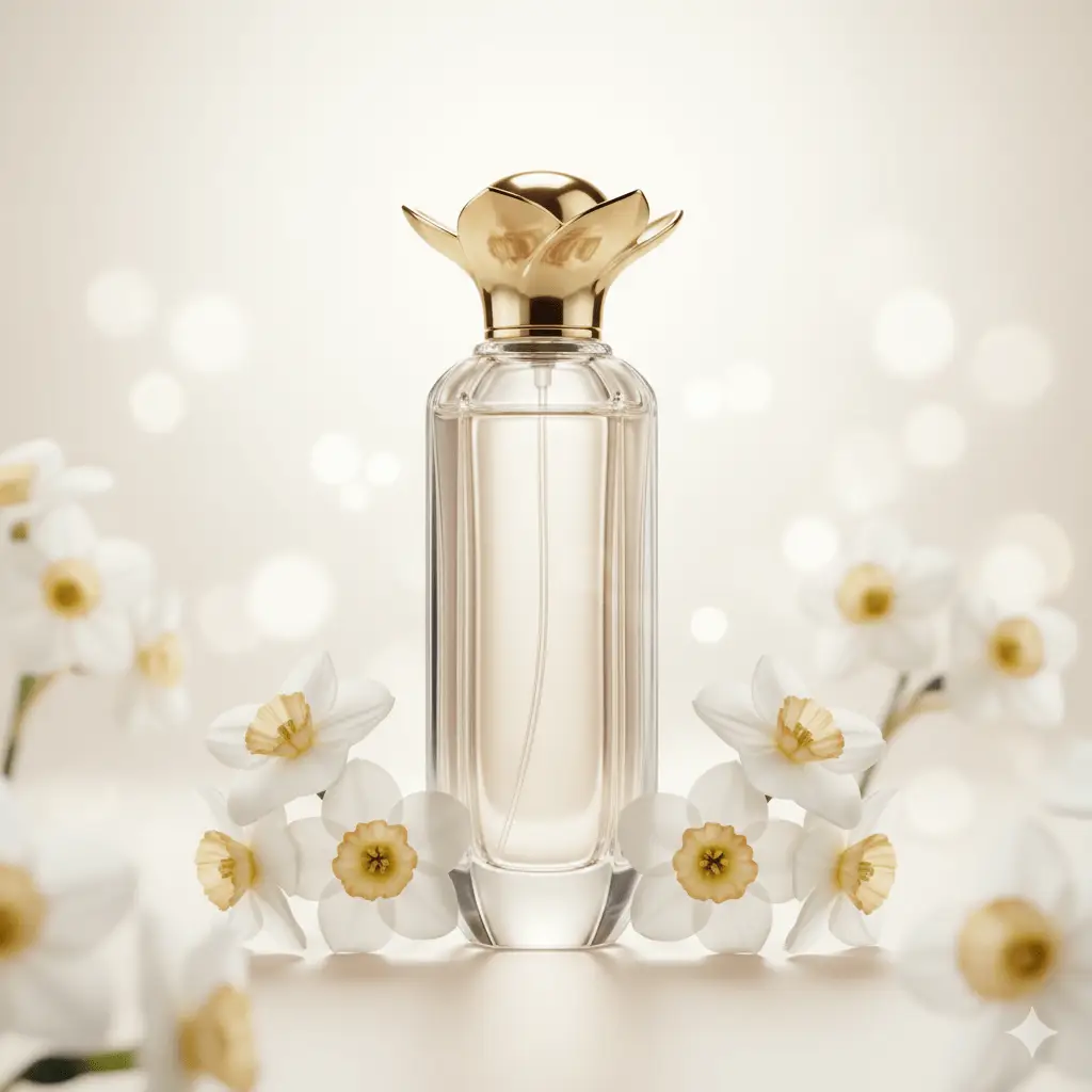 Givenchy L’Interdit Narcisse Blanc parfumfles omringd door witte narcissen