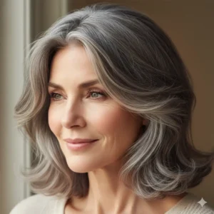 Vrouw van 50+ met gezond en glanzend haar na goede haarverzorging