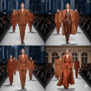 Model op de catwalk tijdens herfstcollecties 2025 met aardetinten en moderne smoky eye.