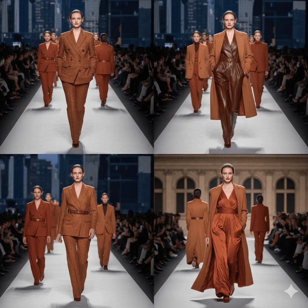 Model op de catwalk tijdens herfstcollecties 2025 met aardetinten en moderne smoky eye.