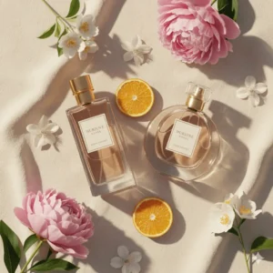 Luxe parfumflacons met bloemige en frisse citrusgeuren in elegante setting