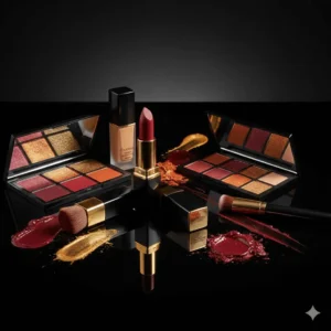 Luxe make-upproducten in editorial setting die de groei van een internationaal beautymerk symboliseren