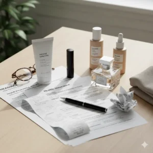 Schoonheidsproducten en zorgverzekeringsdocumenten op tafel voor vergoeding