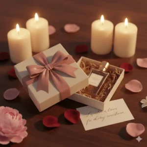 Luxe parfum als uniek Valentijnscadeau met romantische decoratie en kaarslicht