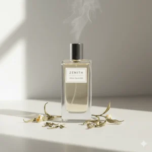 Witte thee bladeren en parfumfles in serene setting