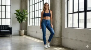 Een stijlvolle combinatie van Fabletics denim jeans en sportieve activewear in een moderne setting.