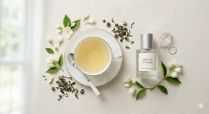 Verse witte jasmijn bloemen naast een kopje jasmijn thee en een parfumflesje – de kunst van jasmijn thee in parfumerie.