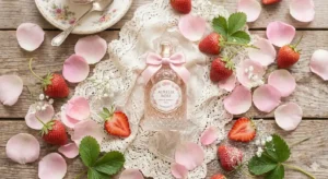 Luxe parfumfles van LoveShackFancy Sweetheart omringd door roze rozen en verse aardbeien.