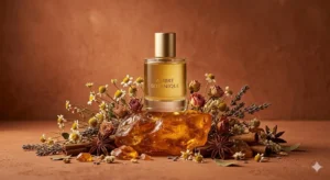 Een luxe parfumfles van Yves Rocher Bouquet Ambre tussen gouden amberhars en wilde bloemen.