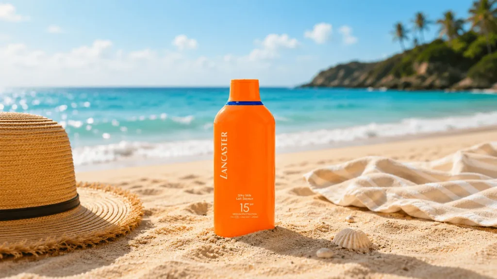 Lancaster Sun Beauty Silky Milk SPF15 400ml fles op strandhanddoek
