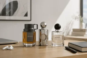 Moderne unisex parfumflessen Armaf op minimalistische achtergrond - geslachtsneutrale fragrances